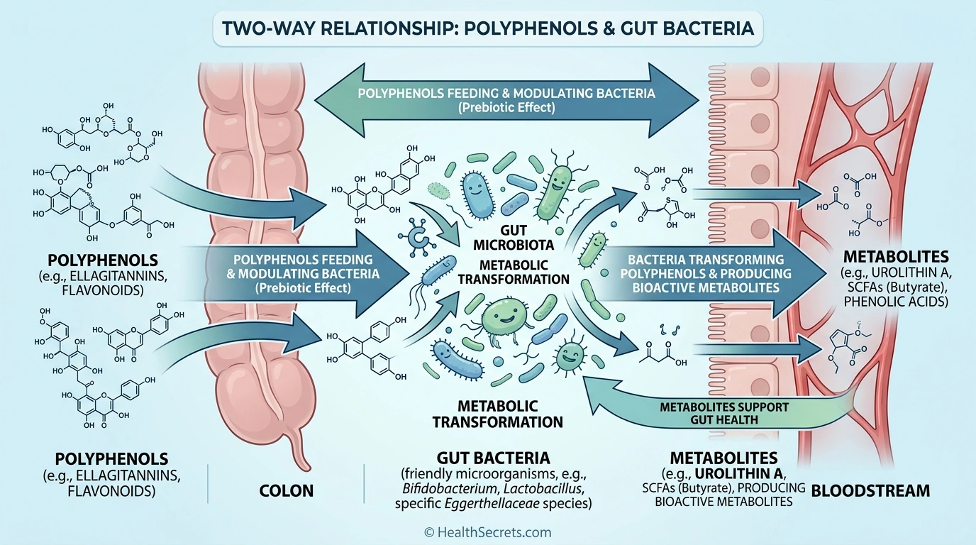 Illustration of how gut bacteria transform polyphenols into bioactive metabolites like urolithin A and short-chain fatty acids