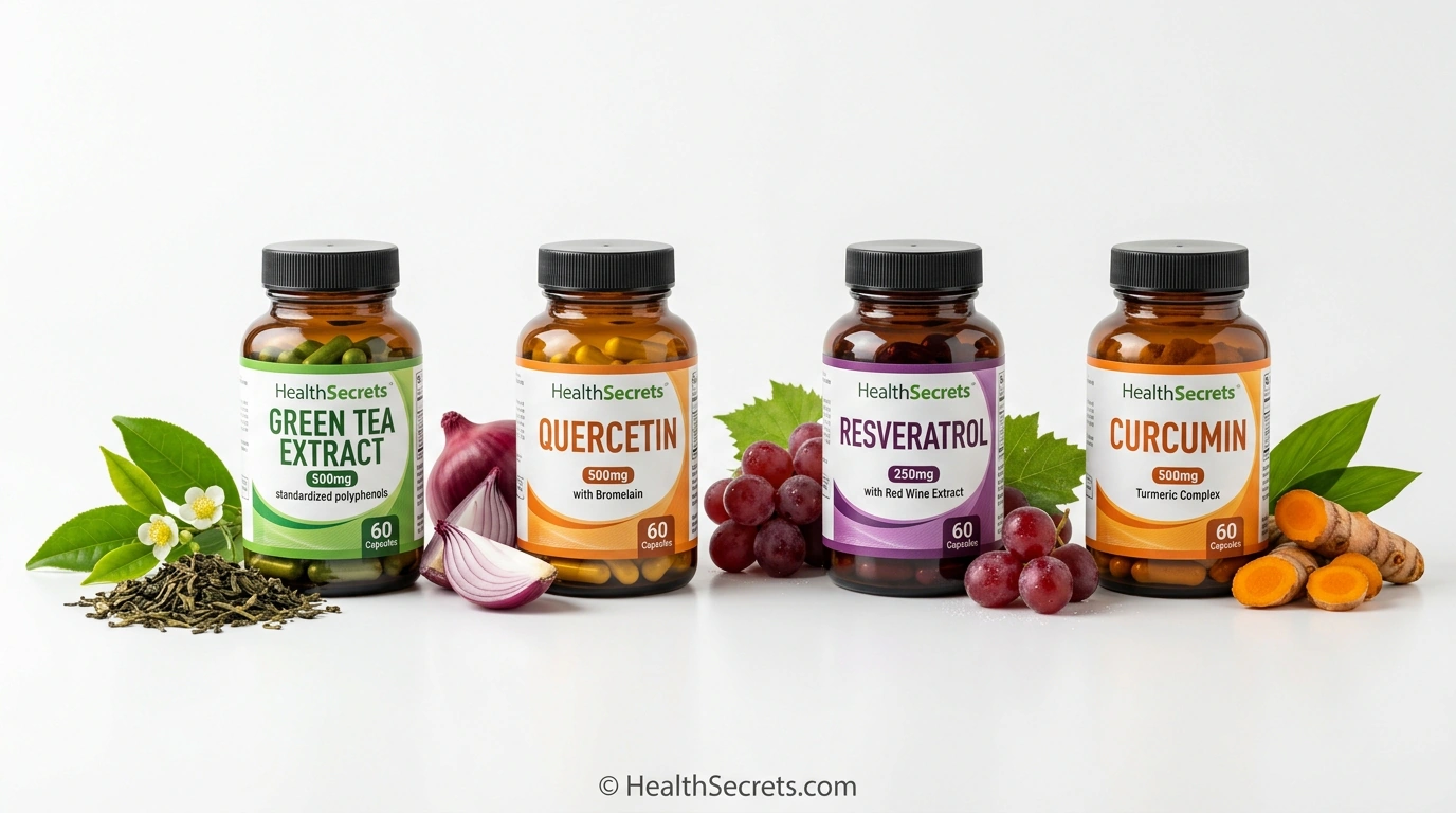 Polyphenol supplements for gut health including green tea extract quercetin resveratrol and curcumin with natural food sources