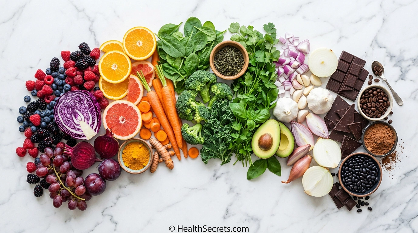 Rainbow arrangement of polyphenol-rich foods organized by color showing berries citrus greens and dark chocolate
