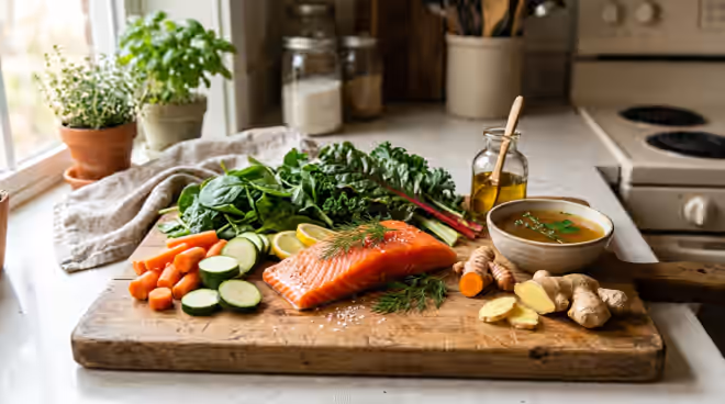 Anti-inflammatory foods for IBD natural support including salmon, turmeric, ginger, and colorful vegetables