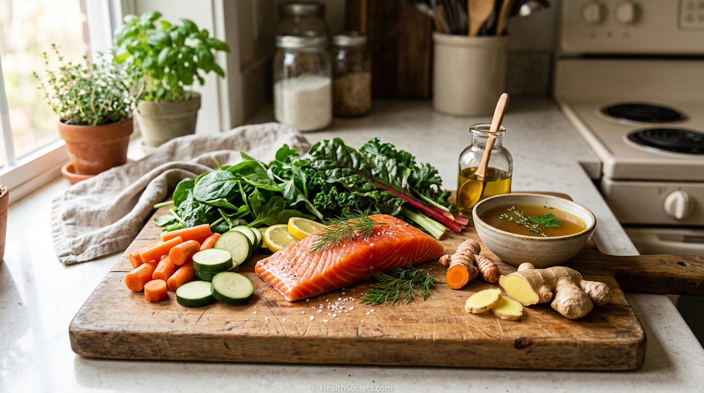 Anti-inflammatory foods for IBD natural support including salmon, turmeric, ginger, and colorful vegetables