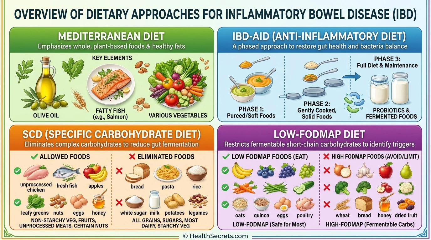 Four dietary approaches for IBD including Mediterranean, IBD-AID, SCD, and low-FODMAP diets