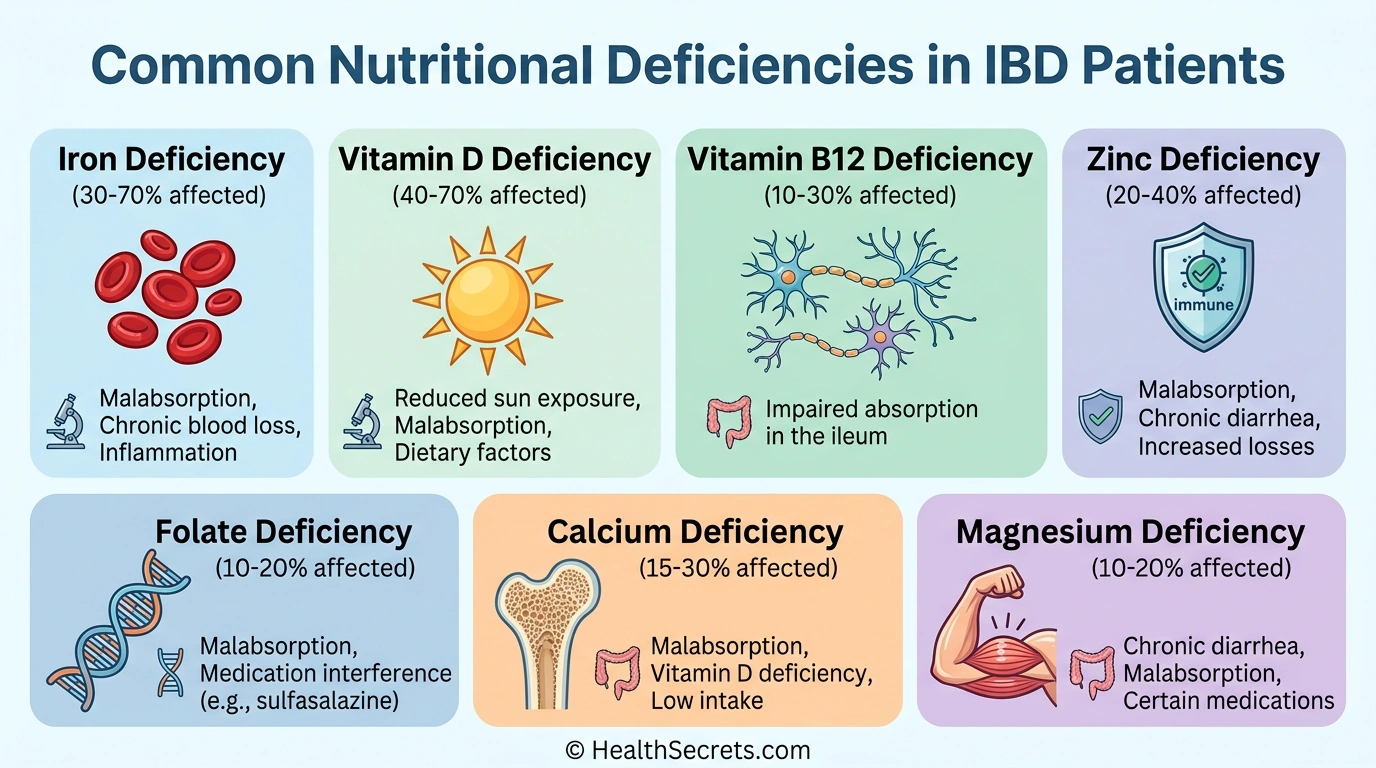 Common nutritional deficiencies in IBD patients including iron, vitamin D, B12, zinc, and calcium
