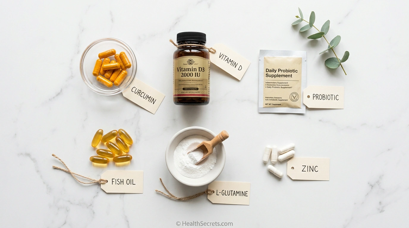 Key supplements for IBD support including curcumin, omega-3, vitamin D, probiotics, L-glutamine, and zinc