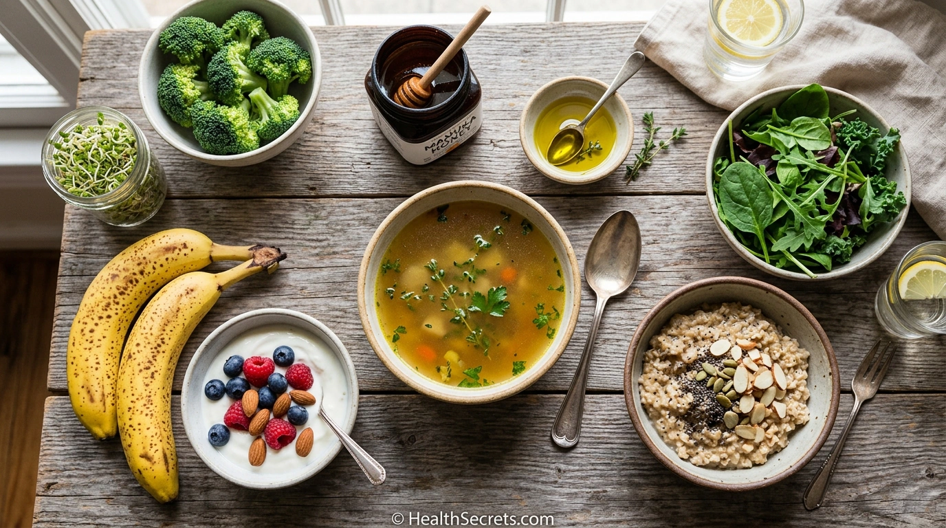 Stomach ulcer healing foods including broccoli sprouts, manuka honey, bone broth, bananas, yogurt, leafy greens, and olive oil