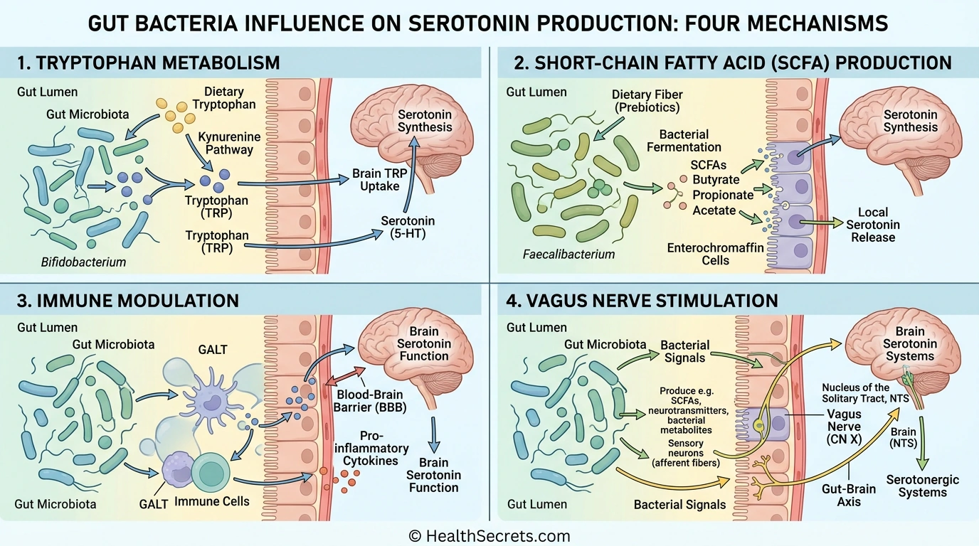 Diagram showing four mechanisms by which gut bacteria influence serotonin production including SCFA production and vagus nerve stimulation