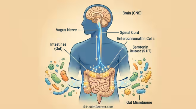 Illustration of the gut-brain axis showing serotonin production in enterochromaffin cells and communication pathways to the brain via the vagus nerve