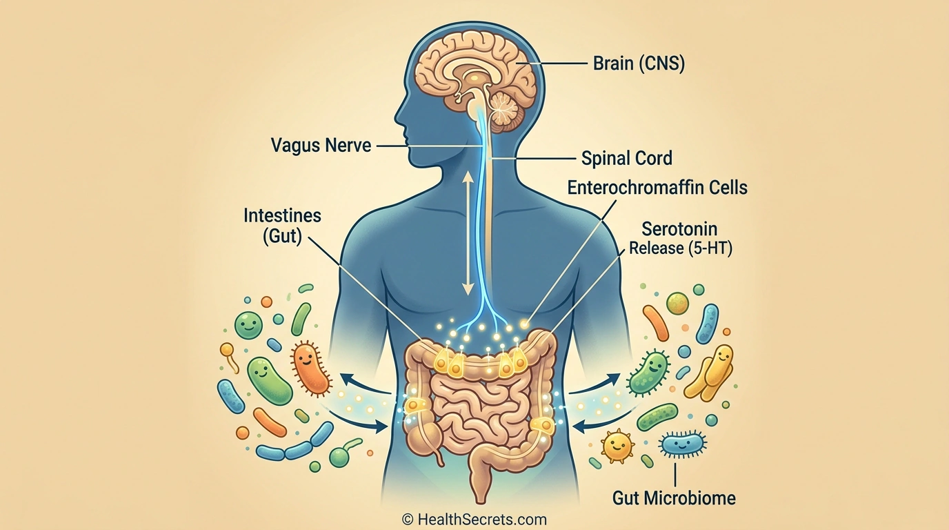Illustration of the gut-brain axis showing serotonin production in enterochromaffin cells and communication pathways to the brain via the vagus nerve