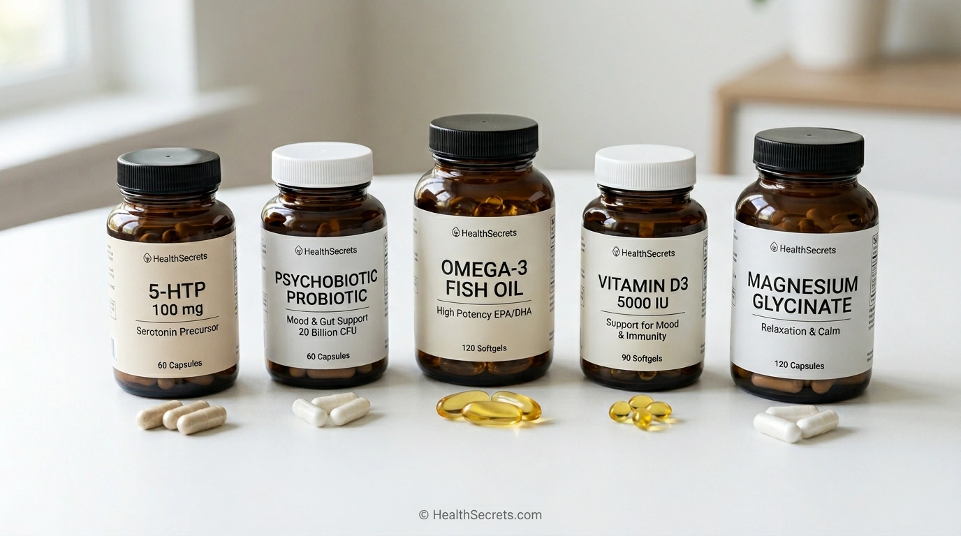 Arrangement of serotonin-supporting supplements including 5-HTP, psychobiotic probiotics, omega-3, vitamin D3, and magnesium