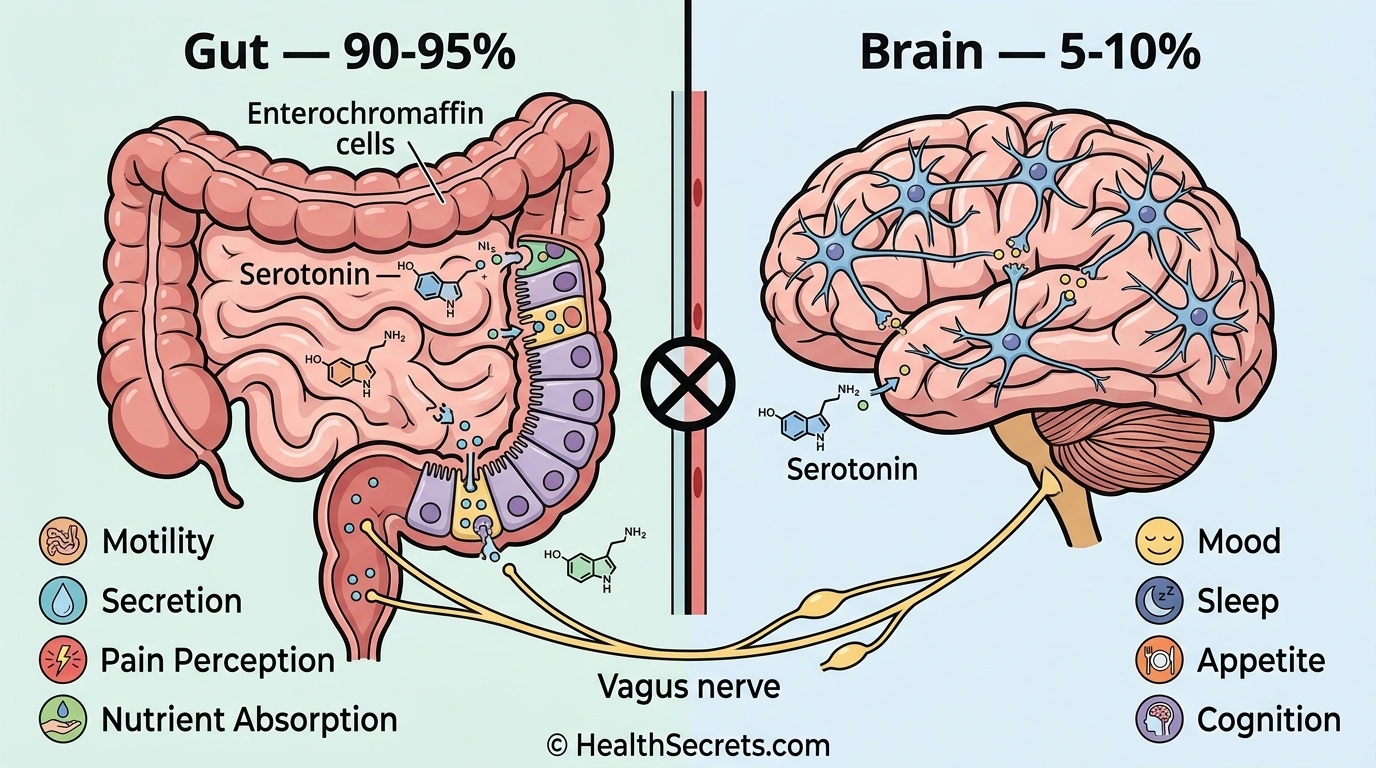 Split comparison infographic showing serotonin functions in the gut versus the brain with the blood-brain barrier separating the two systems
