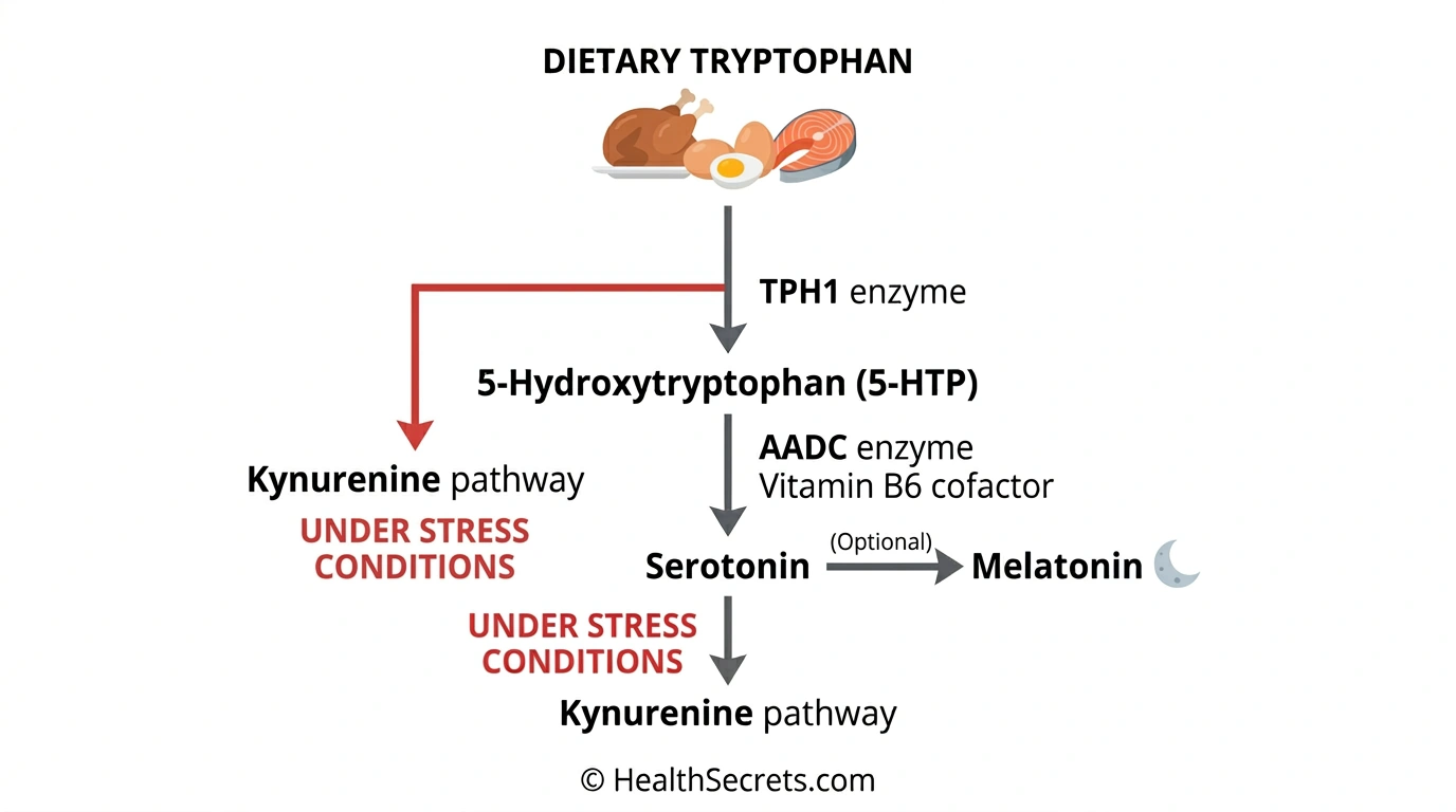 Infographic showing the tryptophan to serotonin conversion pathway including the competing kynurenine pathway activated by stress