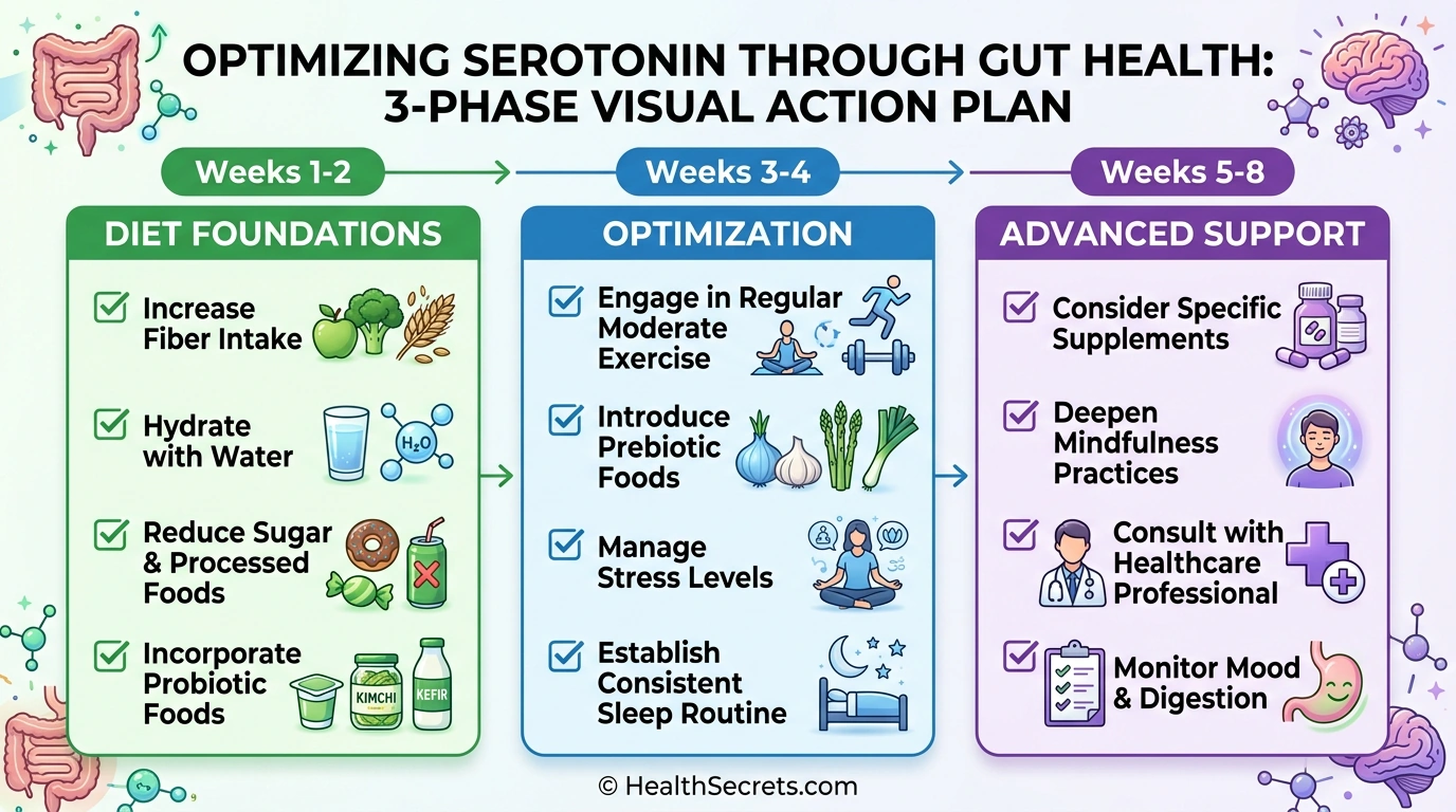 Three-phase action plan infographic for optimizing serotonin production through diet, lifestyle, and supplementation over 8 weeks