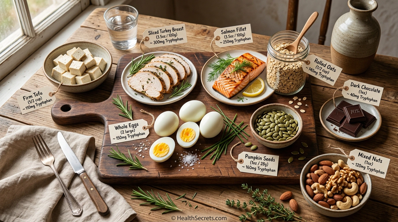 Overhead view of tryptophan-rich foods including turkey, salmon, eggs, pumpkin seeds, and tofu with tryptophan content labels