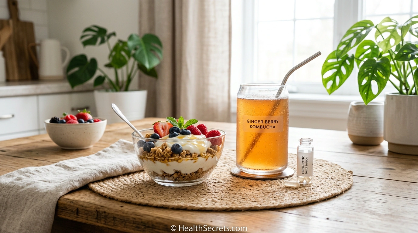 Combined probiotic approach with yogurt parfait kombucha and probiotic supplement capsule at breakfast