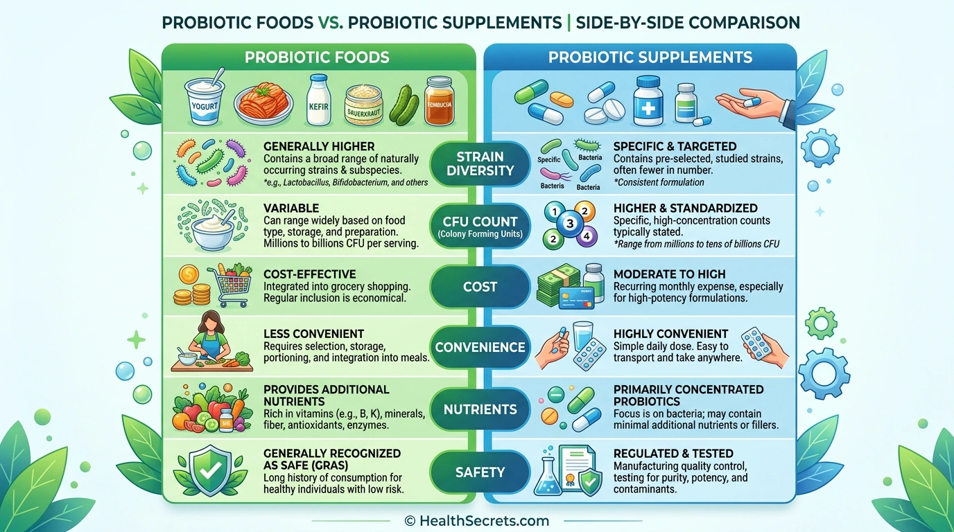 Infographic comparing probiotic foods and supplements across diversity cost convenience and nutrients