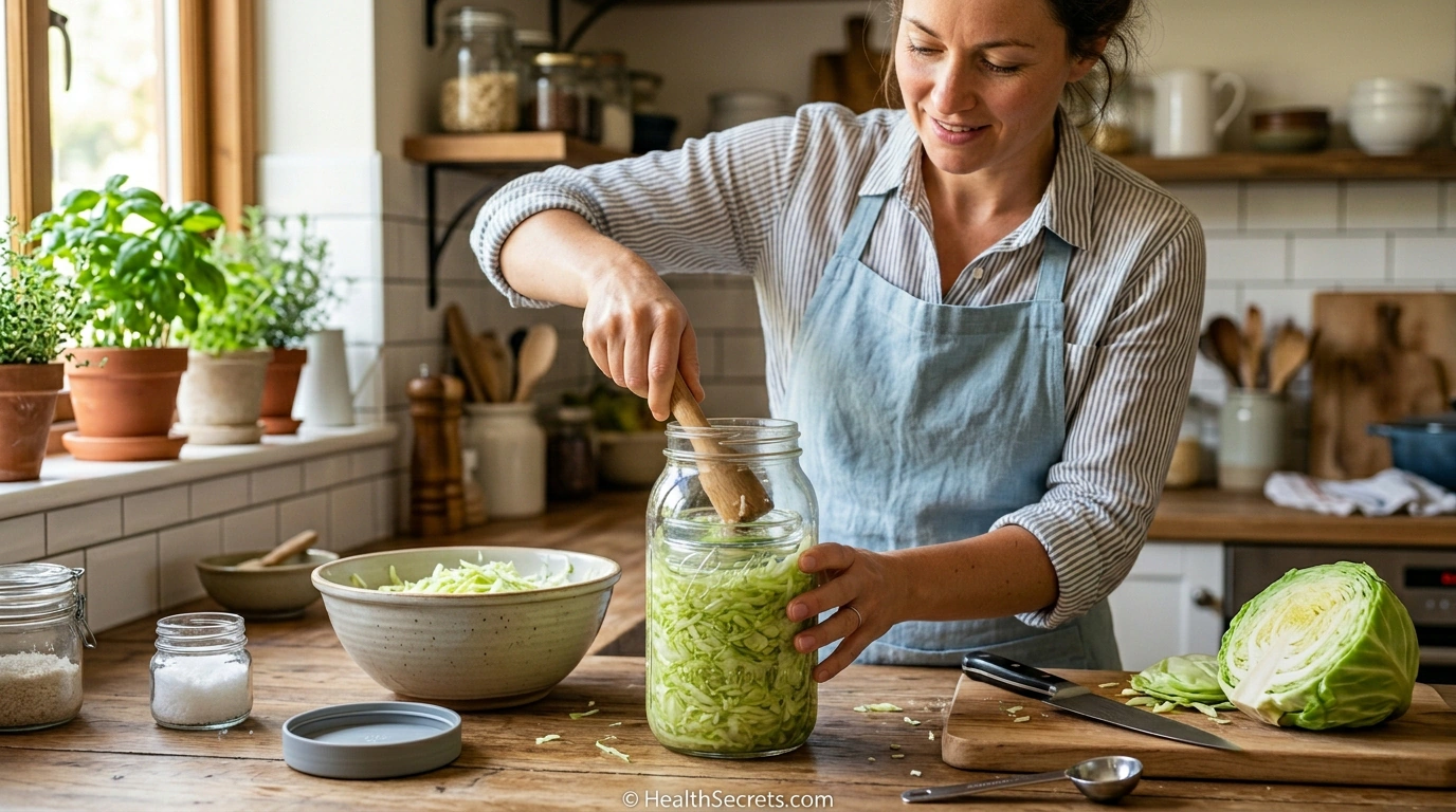 Person making homemade sauerkraut in mason jar with fermentation kit for probiotic foods