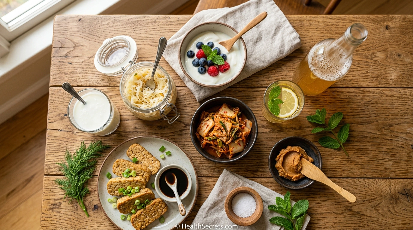 Variety of probiotic rich fermented foods including kefir yogurt sauerkraut kimchi and kombucha