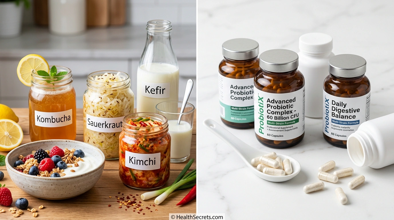 Probiotic foods including yogurt kefir sauerkraut and kimchi compared to probiotic supplement capsules