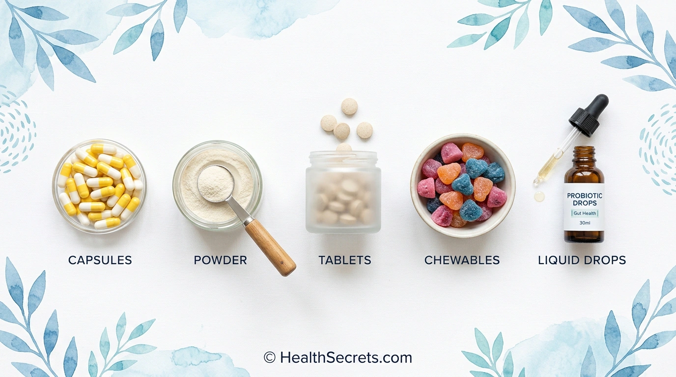 Different types of probiotic supplements including capsules powder tablets and liquid forms