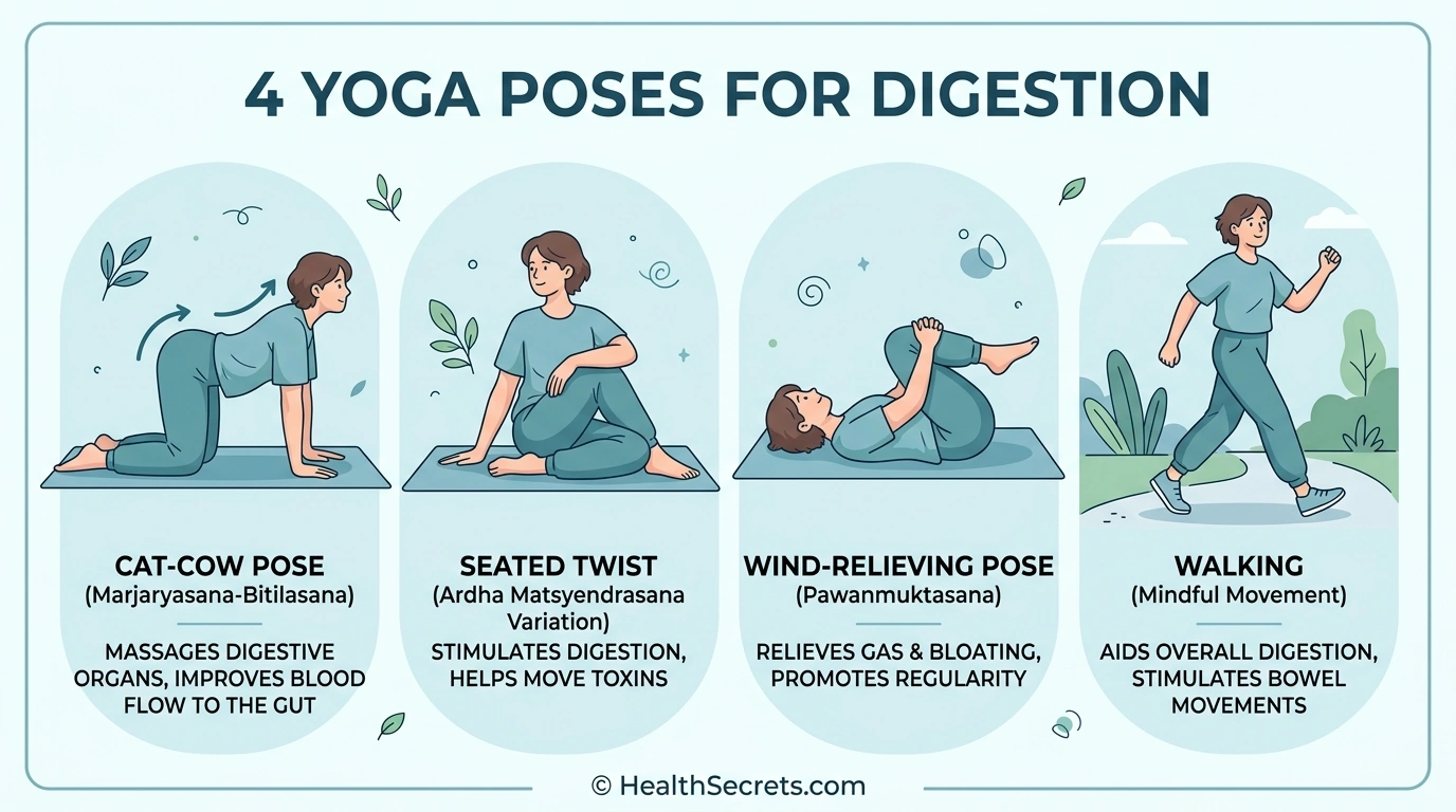 Illustrated guide showing yoga poses and exercises that improve gut motility including cat-cow seated twist and wind-relieving pose