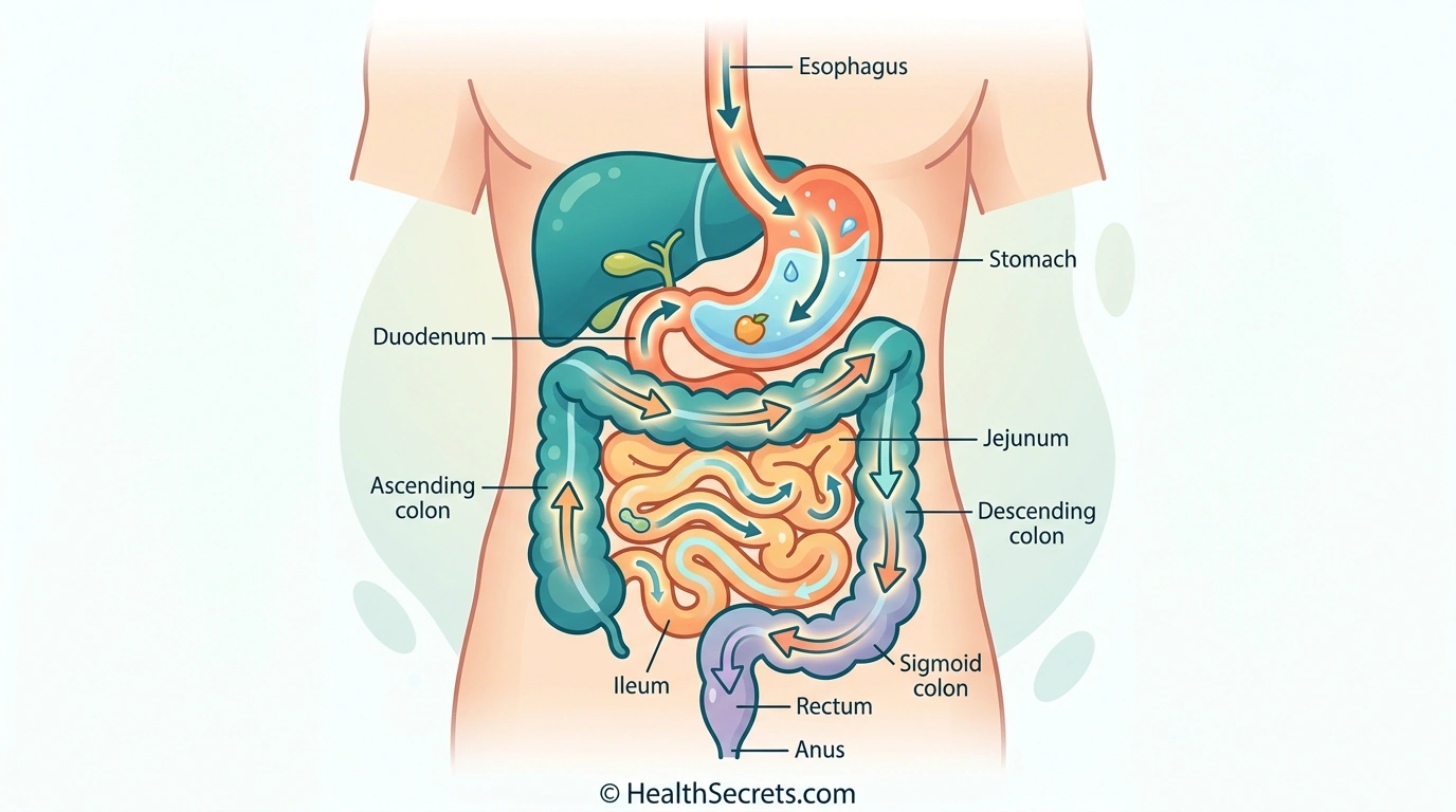 Illustration of the human digestive tract showing peristaltic wave contractions that move food through the GI system