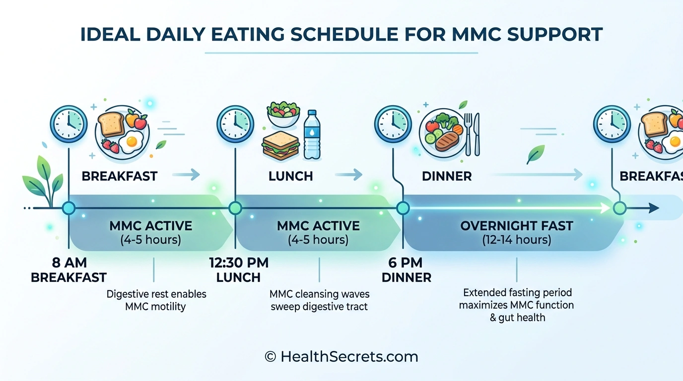 Timeline showing ideal meal spacing schedule with 4-5 hour gaps between meals and 12-14 hour overnight fast for MMC support