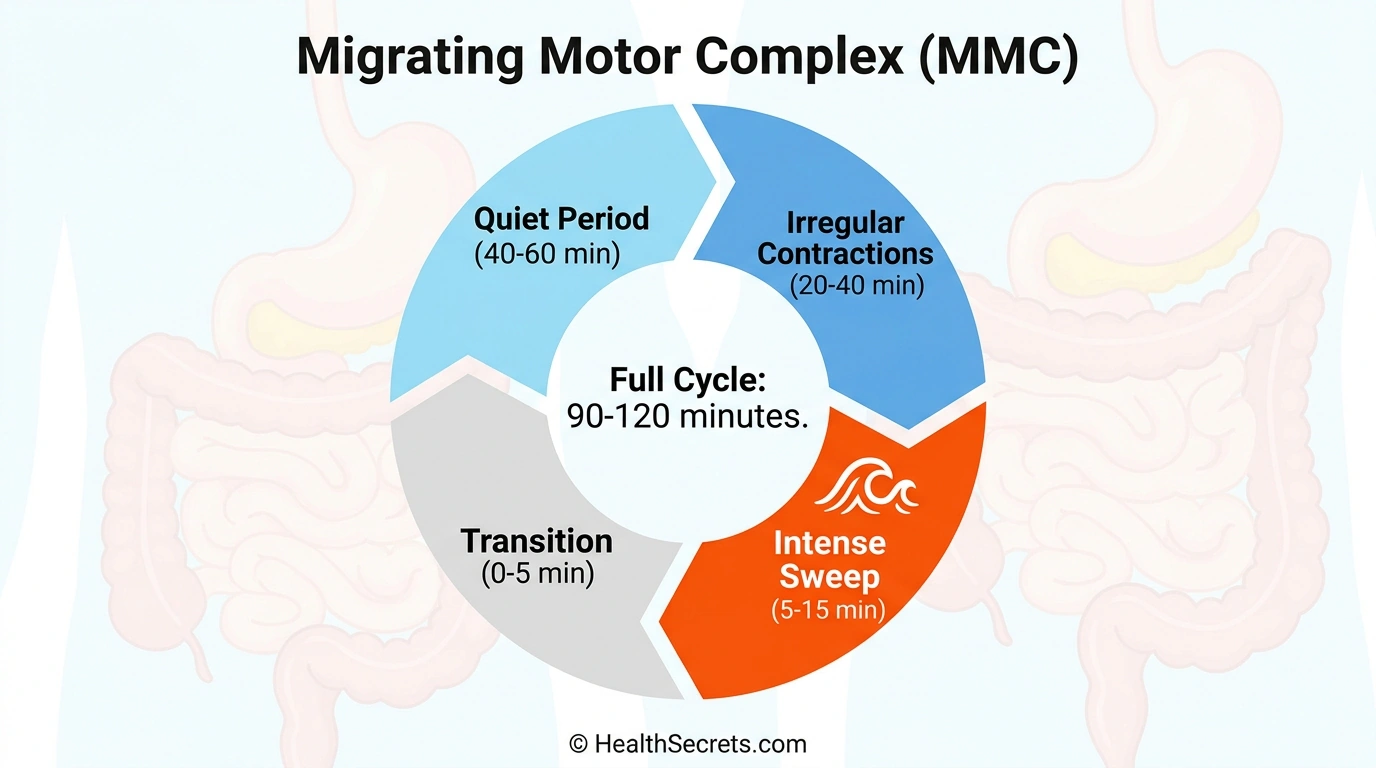 Diagram of the four phases of the migrating motor complex MMC cycle showing quiet period irregular contractions intense sweep and transition