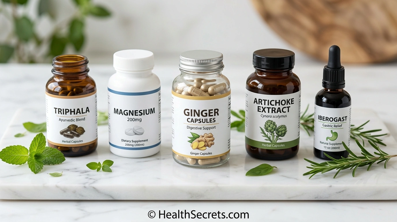 Natural prokinetic supplements for gut motility including ginger artichoke magnesium triphala and Iberogast