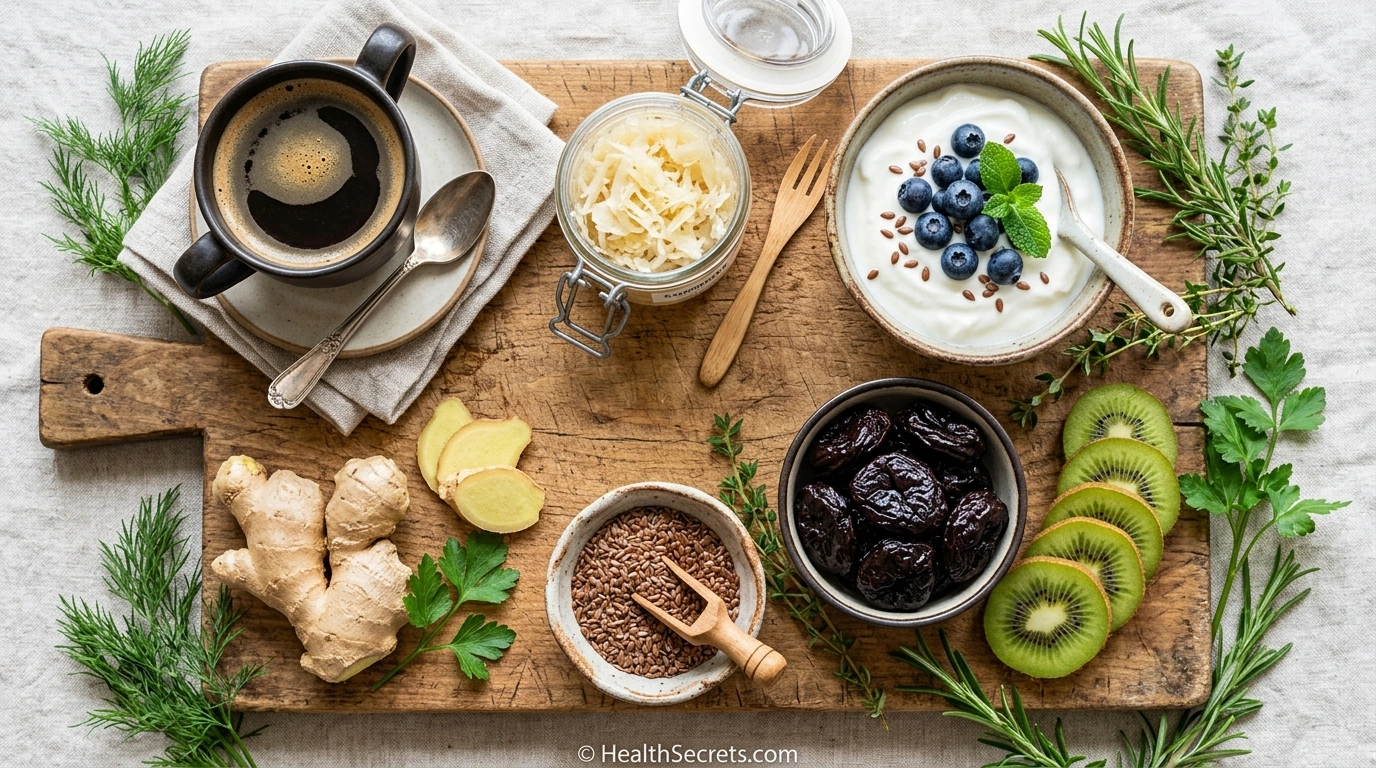 Flat lay of prokinetic foods for gut motility including ginger prunes kiwi flaxseeds coffee and fermented foods
