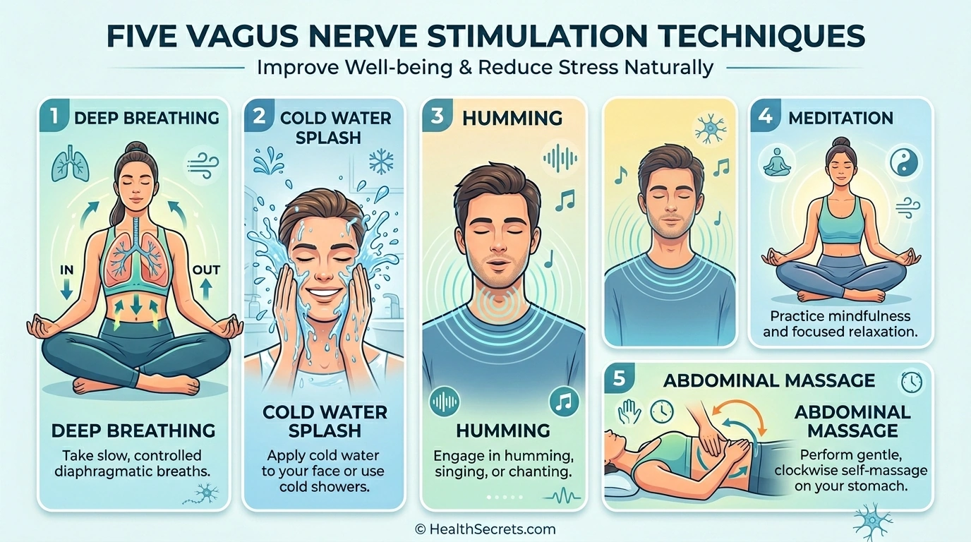 Infographic of five vagus nerve stimulation techniques for better gut motility including deep breathing cold exposure humming meditation and massage