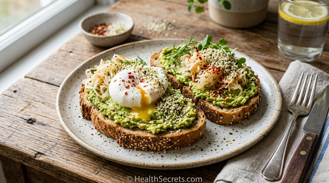 Avocado toast with sauerkraut and poached egg for gut-healthy Sunday breakfast