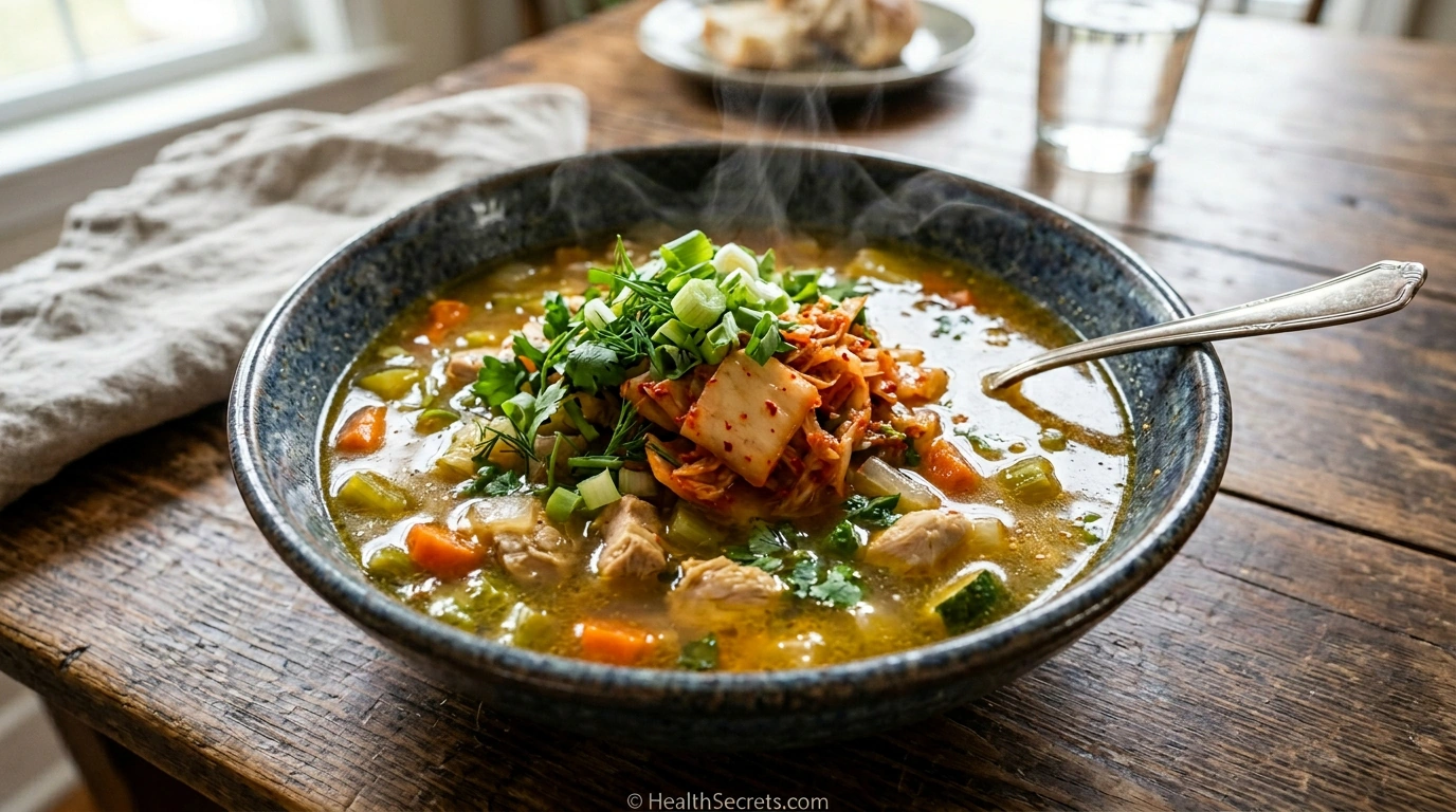 Chicken bone broth soup with vegetables and kimchi for gut healing