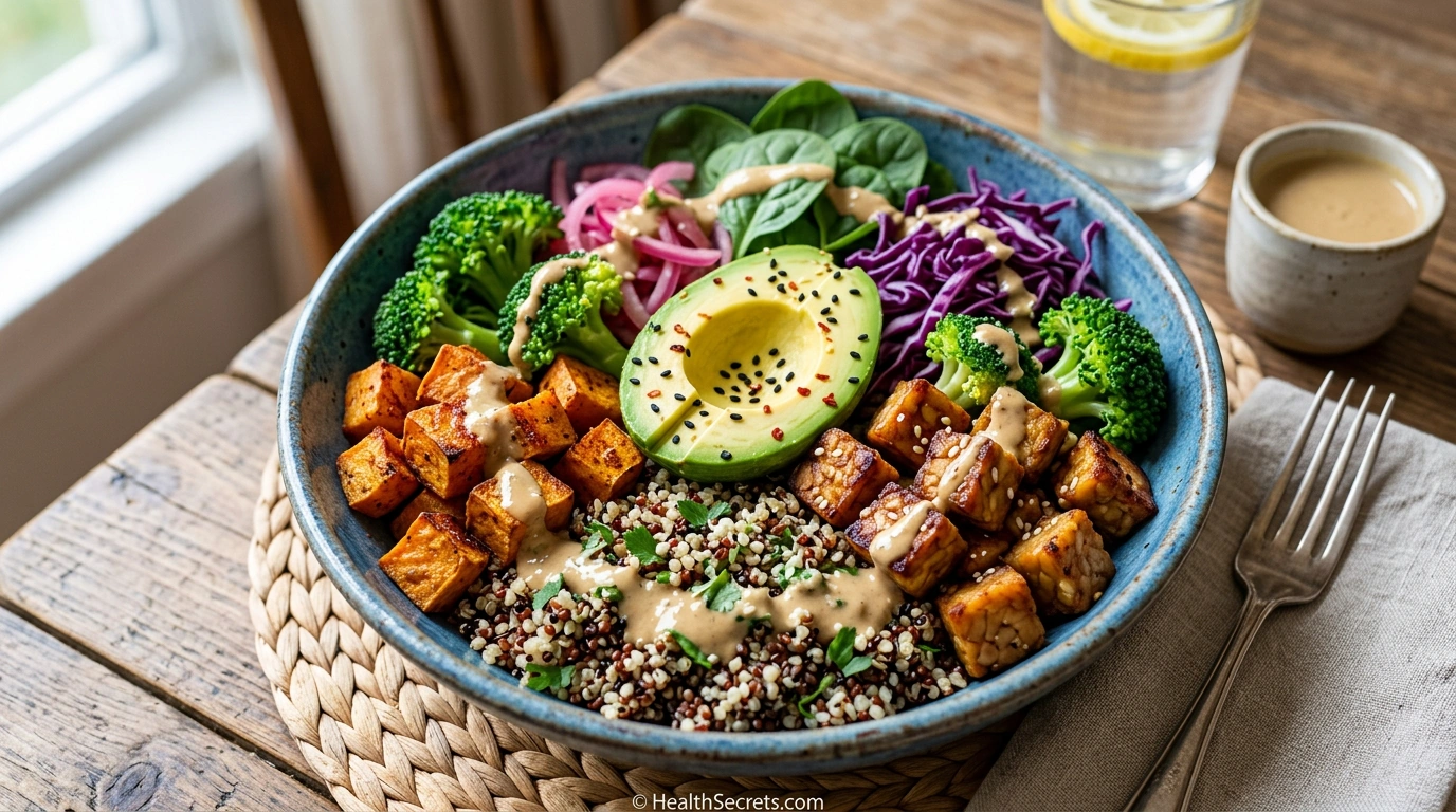 Quinoa buddha bowl with tempeh, roasted sweet potato, broccoli, and avocado for gut health