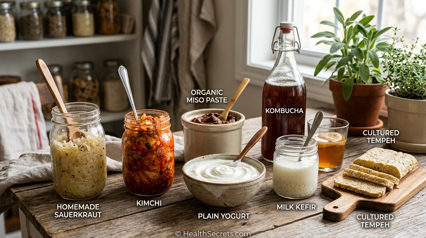 Variety of fermented foods for gut health including sauerkraut, kimchi, yogurt, kefir, miso, and kombucha