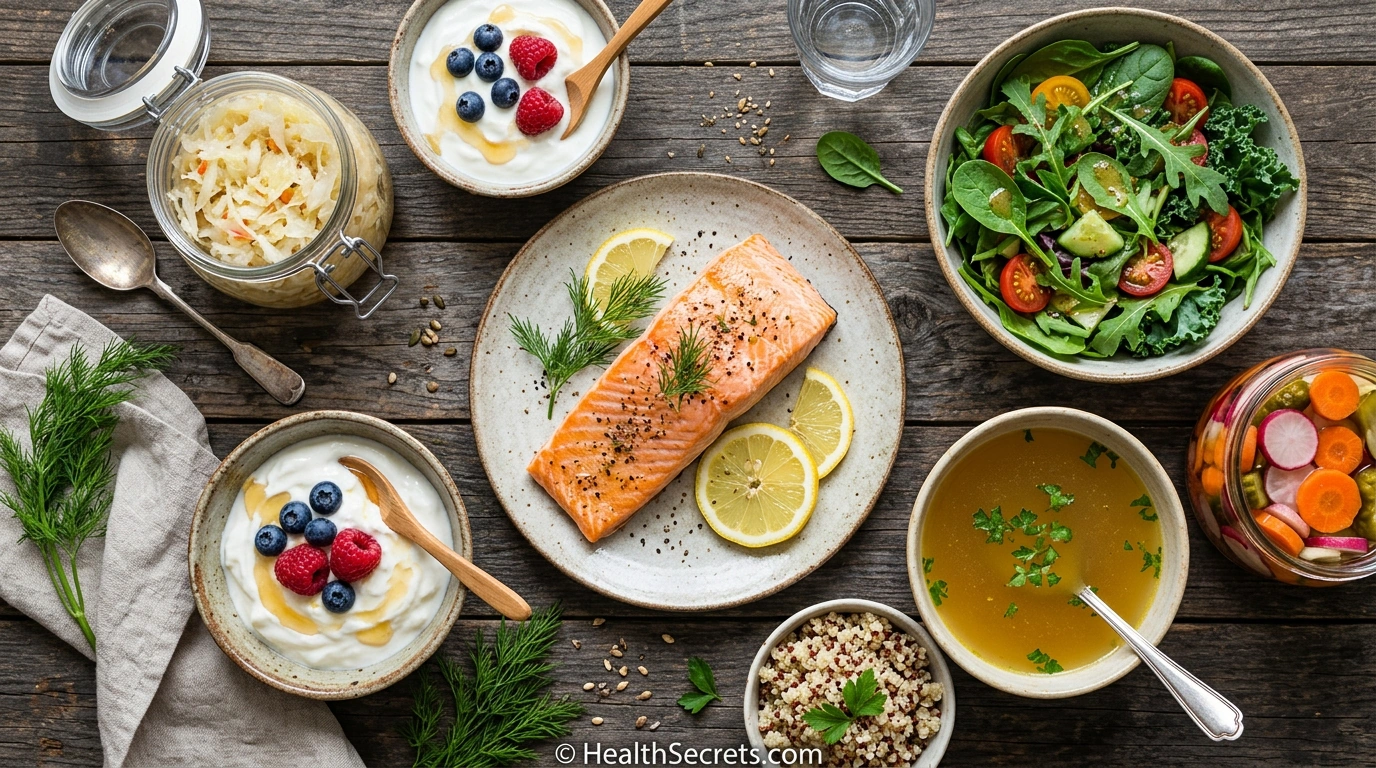 Gut health meal plan foods including fermented vegetables, omega-3 rich salmon, colorful berries, and bone broth