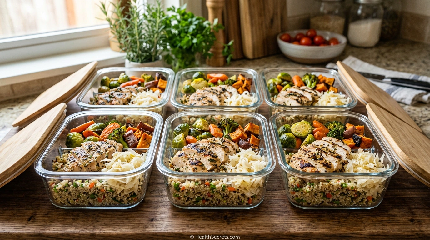 Glass meal prep containers with pre-portioned gut-healthy meals for the week