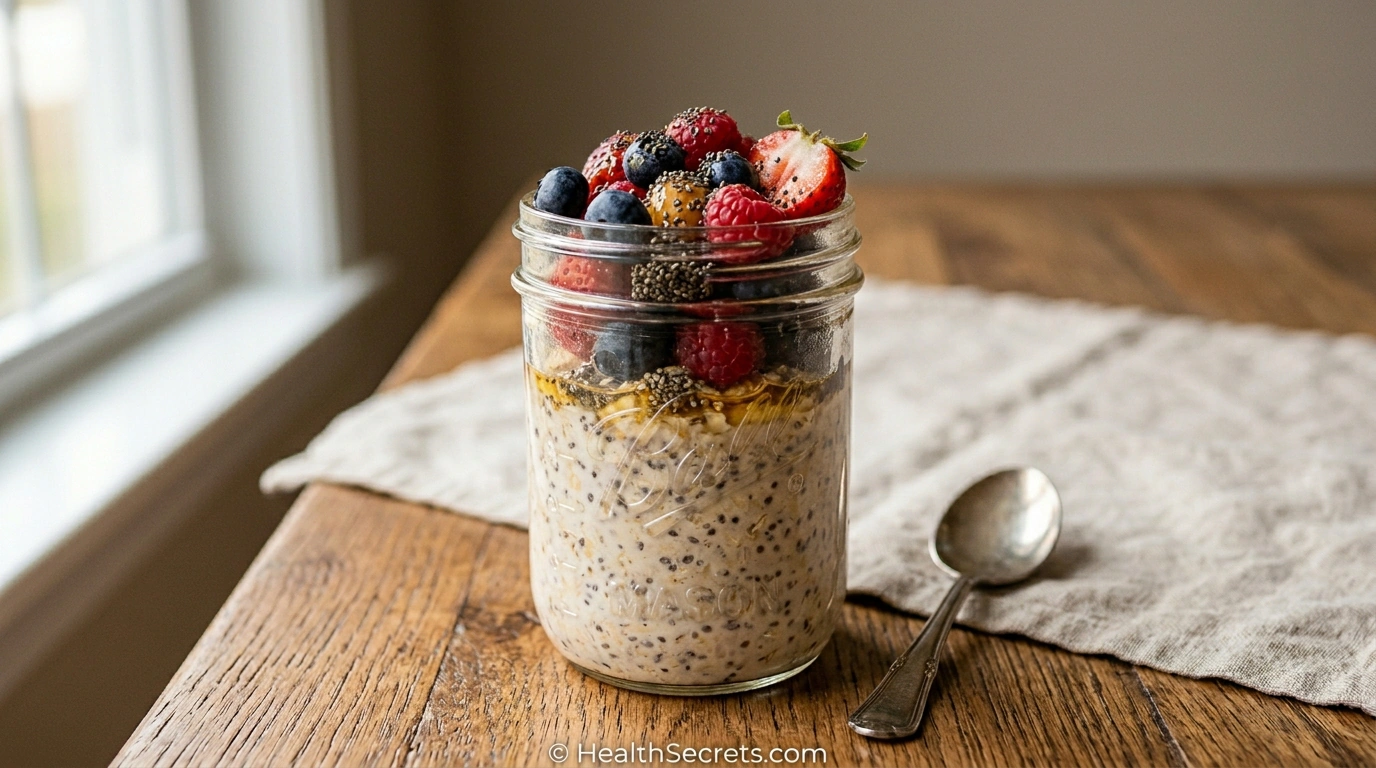 Overnight oats with yogurt, mixed berries, and chia seeds in a mason jar for gut-healthy breakfast