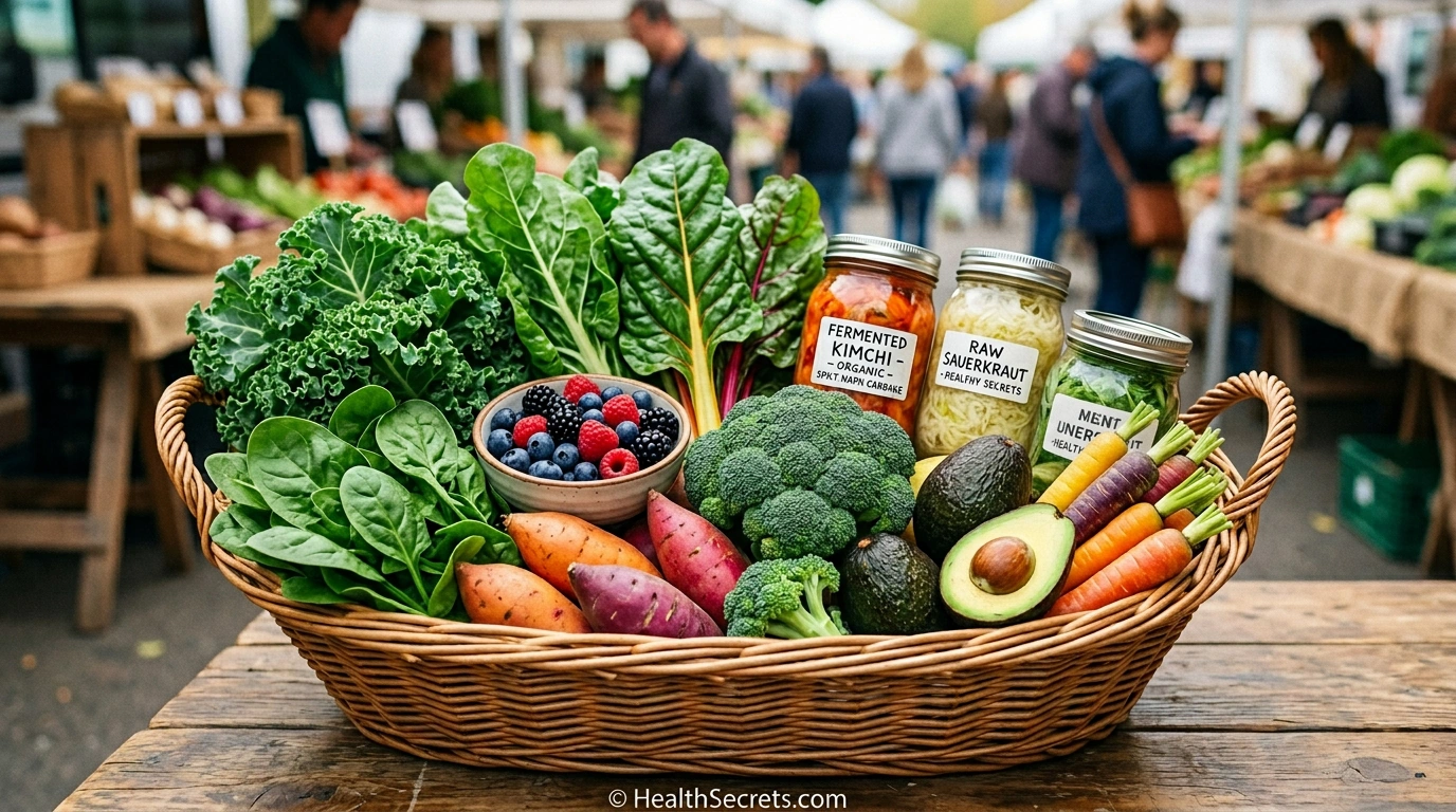 Shopping basket with gut-healthy produce including leafy greens, berries, and fermented foods