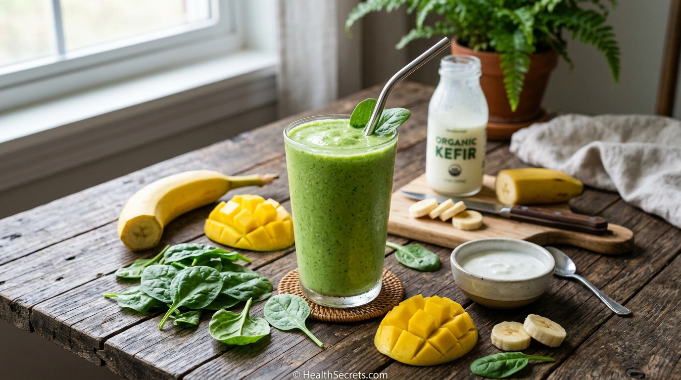 Green gut-health smoothie made with kefir, spinach, banana, and mango