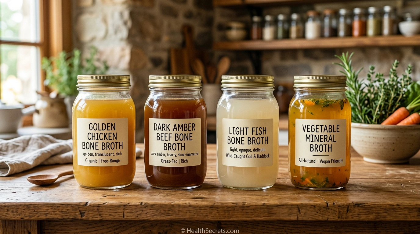 Four types of gut-healing bone broth in glass jars: chicken, beef, fish, and vegetable mineral broth