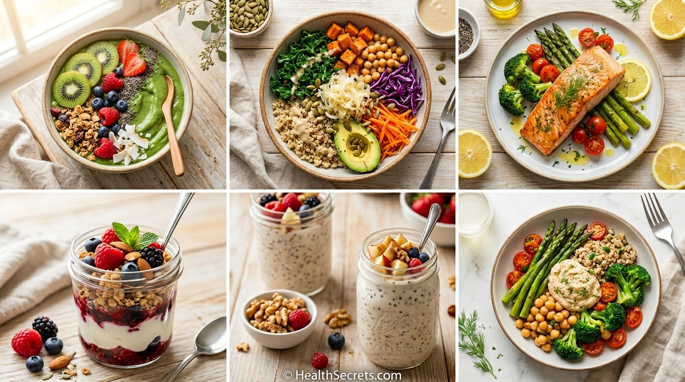 Five complete gut-healing meals for breakfast, lunch, and dinner featuring colorful, microbiome-friendly ingredients