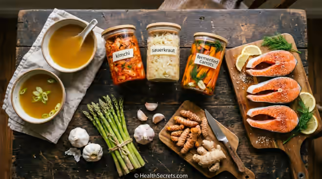 Gut-healing recipe ingredients including bone broth, sauerkraut, fresh vegetables, and anti-inflammatory spices arranged on a rustic wooden table
