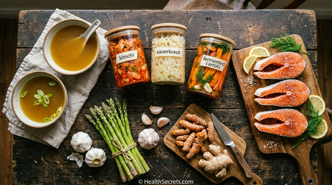 Gut-healing recipe ingredients including bone broth, sauerkraut, fresh vegetables, and anti-inflammatory spices arranged on a rustic wooden table