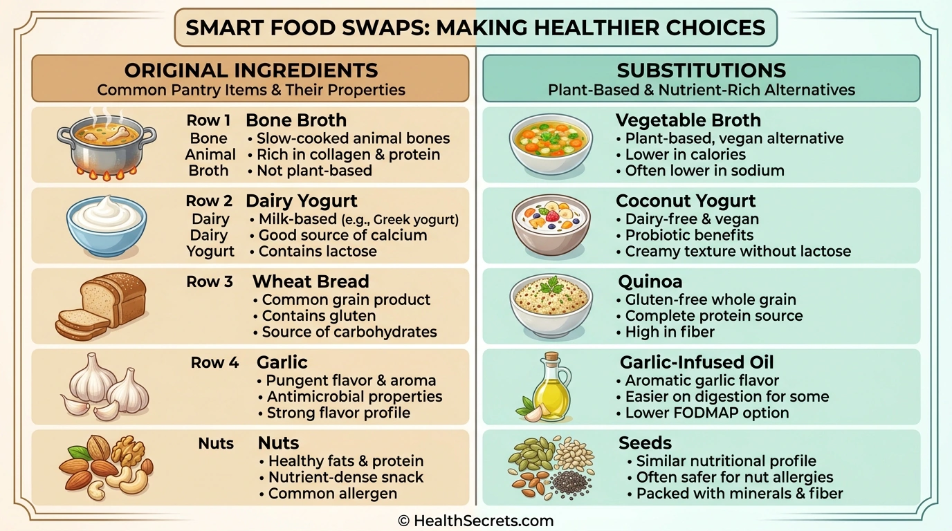 Gut-healing recipe ingredient substitutions for vegetarian, dairy-free, gluten-free, and low-FODMAP diets