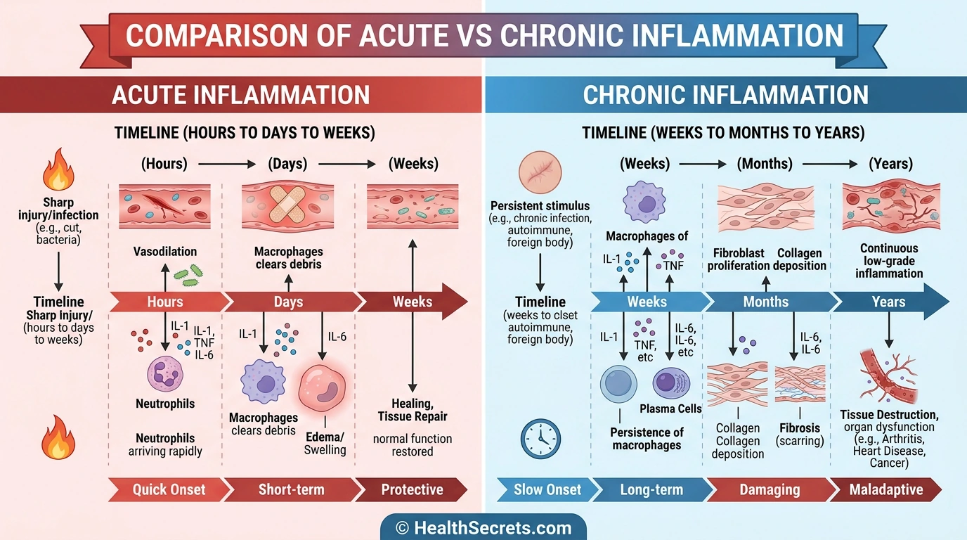 Infographic comparing acute protective inflammation versus chronic damaging inflammation with immune cell pathways