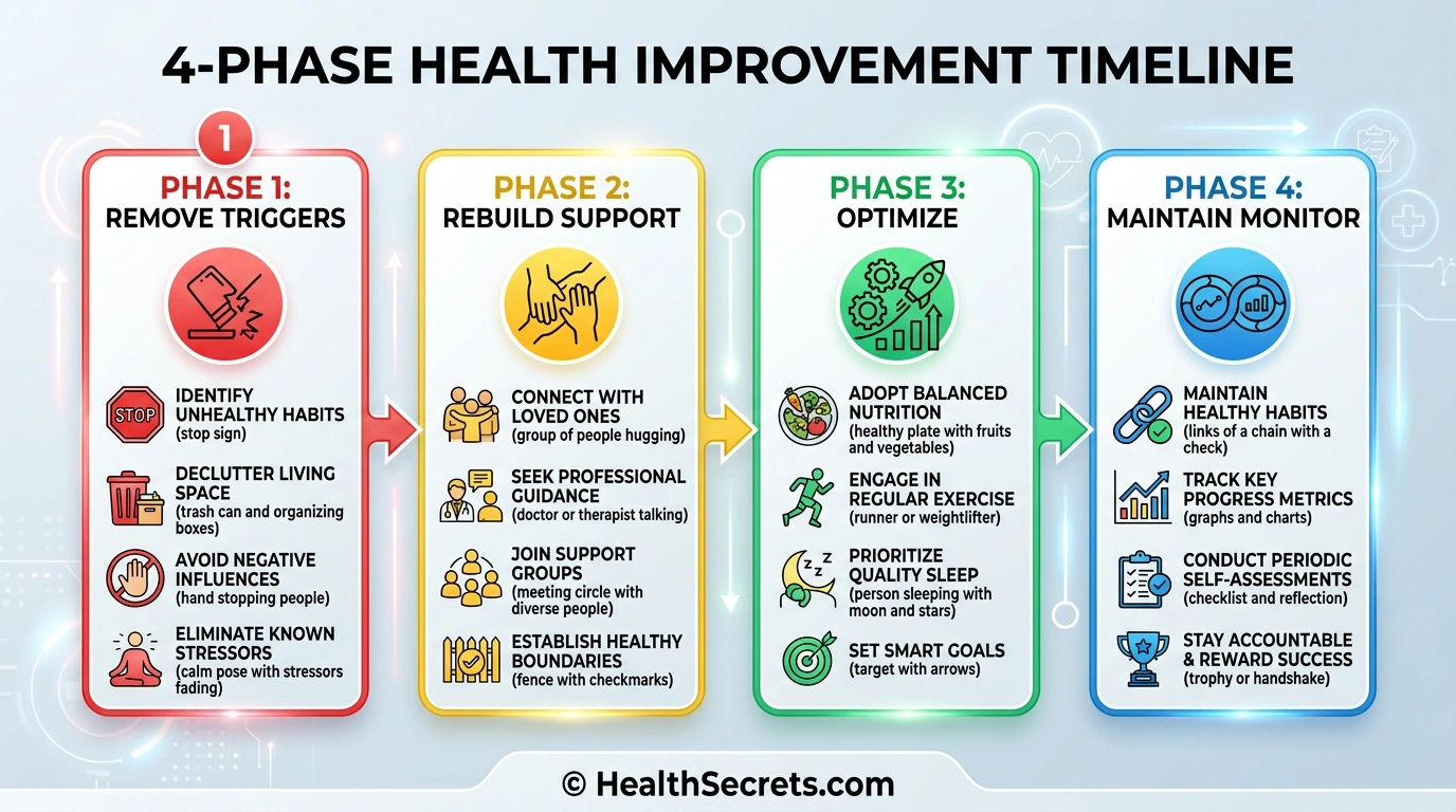 Anti-inflammatory protocol timeline showing four phases from removing triggers to long-term maintenance