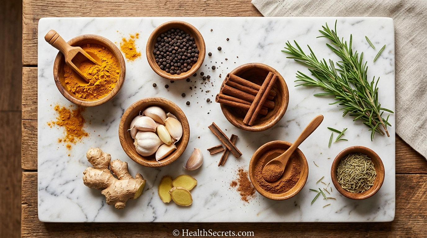 Top anti-inflammatory herbs and spices including turmeric, ginger, garlic, cinnamon, and rosemary