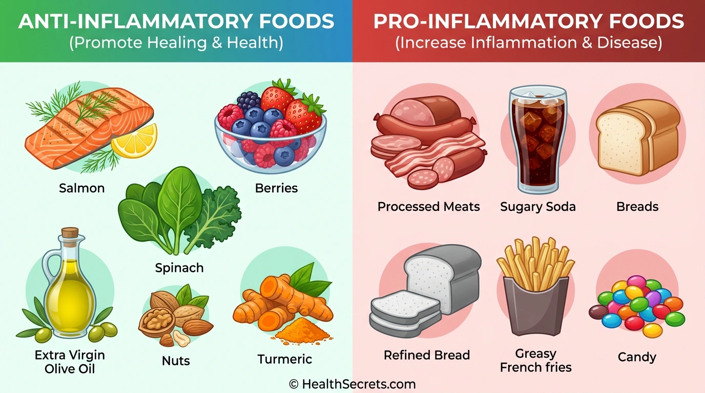 Visual comparison of anti-inflammatory foods versus pro-inflammatory foods to avoid