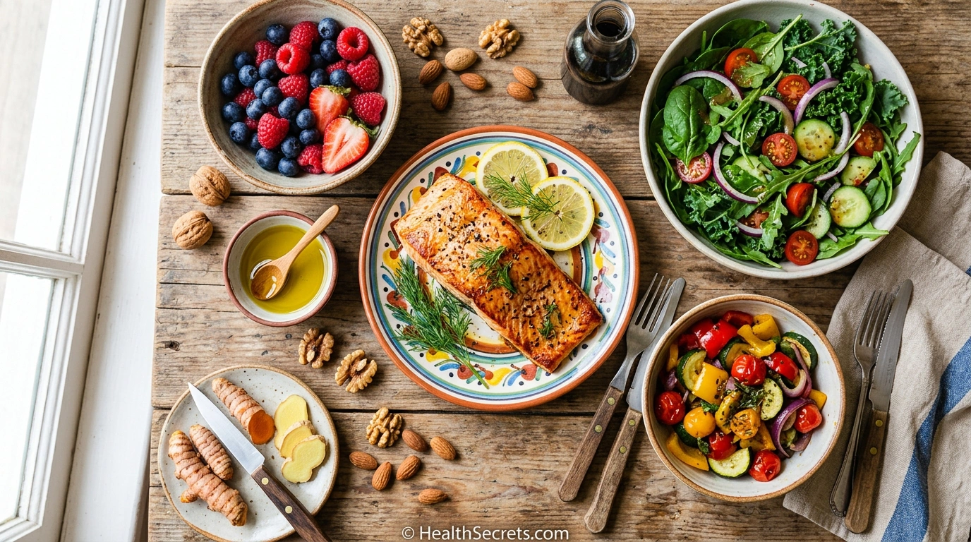 Anti-inflammatory diet foods including salmon, berries, leafy greens, nuts, and olive oil arranged on a rustic wooden table