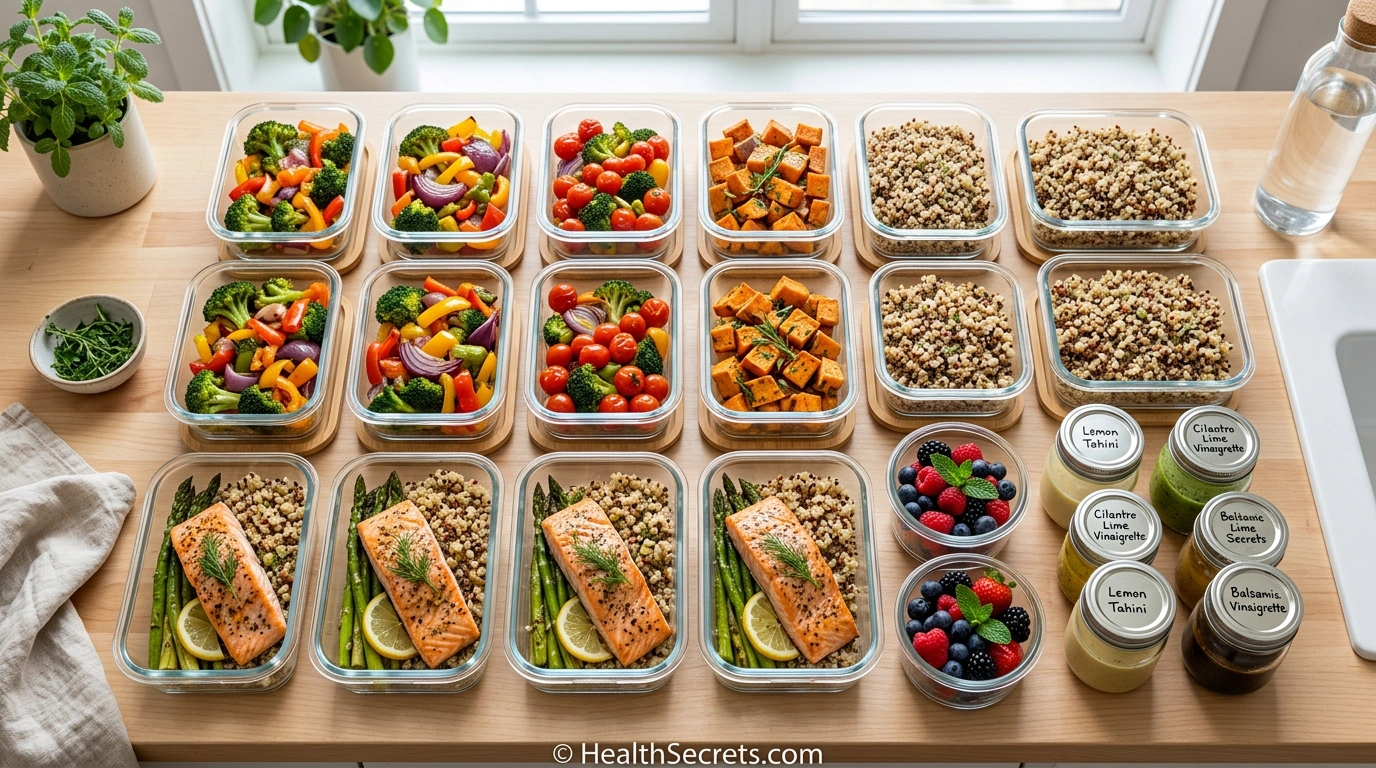Weekly anti-inflammatory meal prep with glass containers of pre-cooked salmon, vegetables, grains, and berries